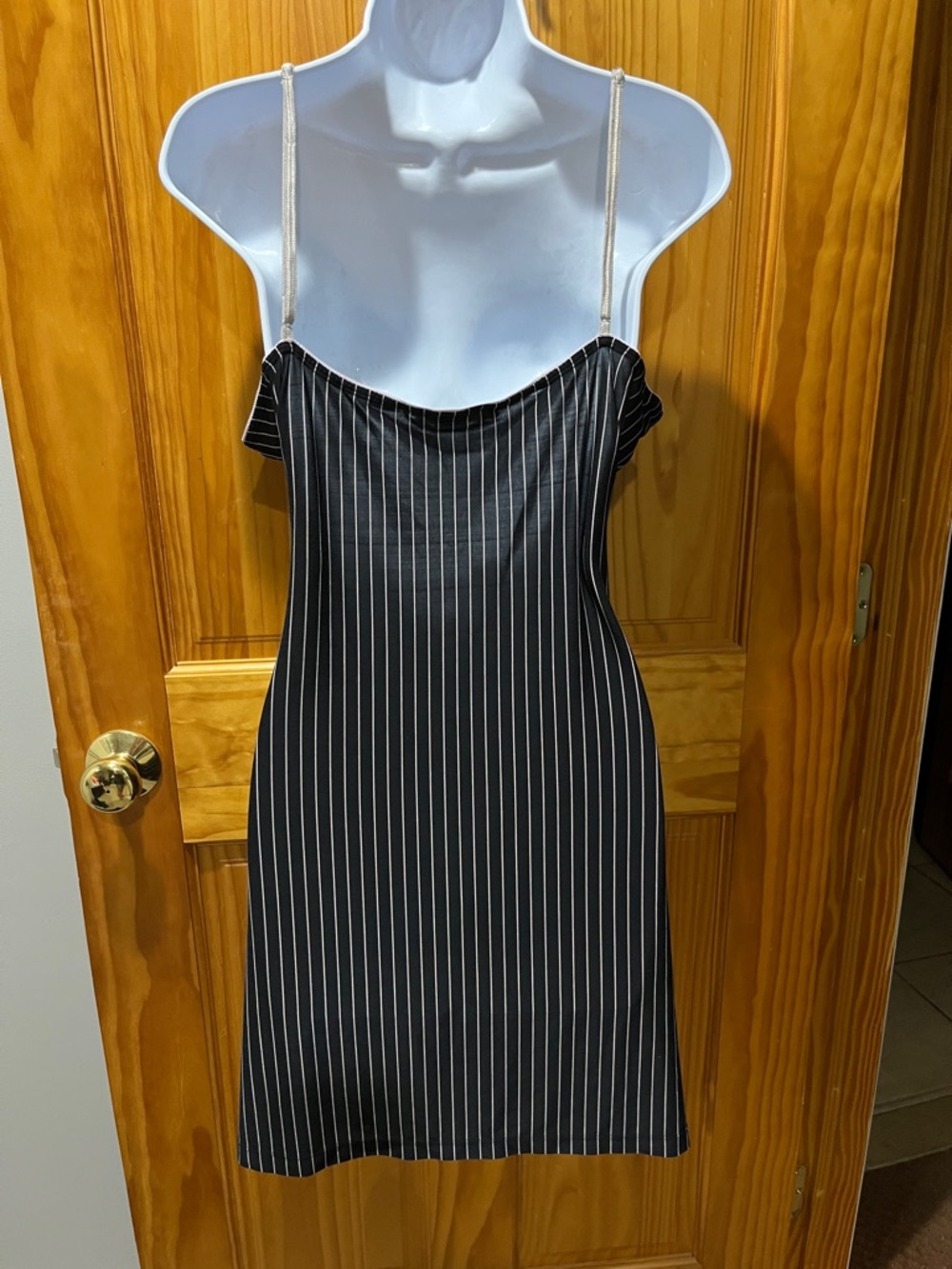 California Dynasty Black Pinstripe Sleepwear with Pink Lace Trim - Picture 7 of 9